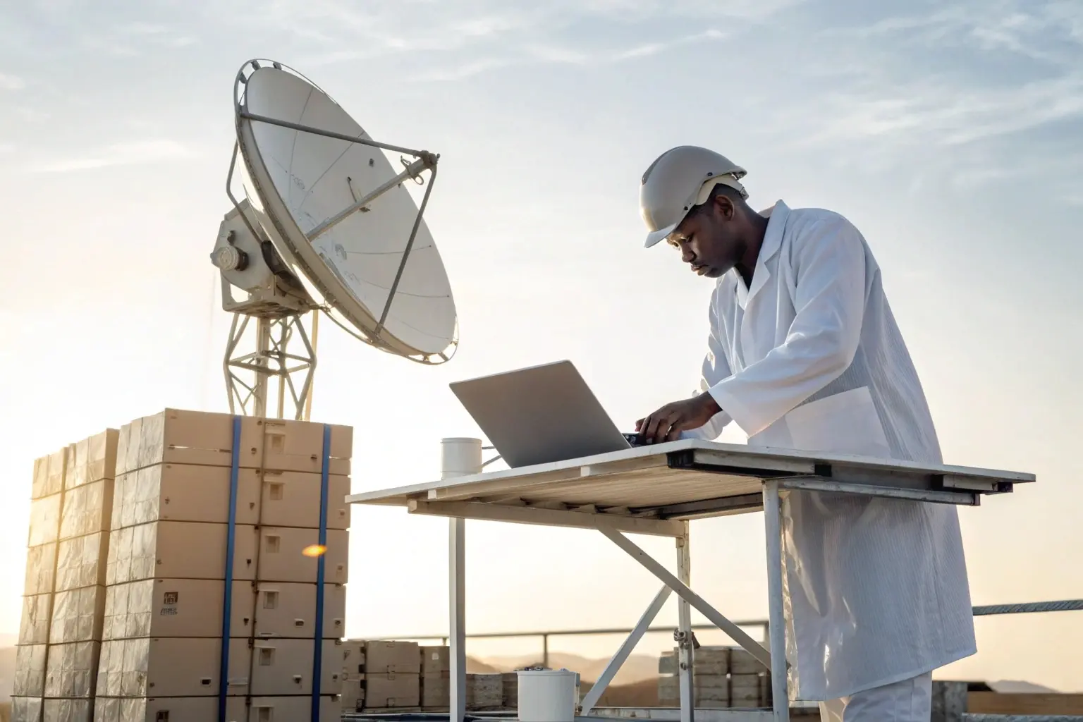Technician verifying AP antenna and PoE specs