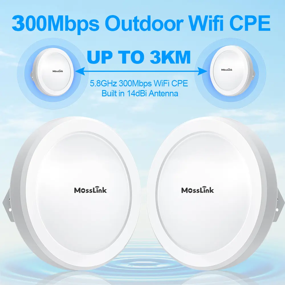 WB530 5.8GHz 300Mbps 4KM Outdoor Wireless Bridge, Round Dish, LED Pairing, 2-Pack